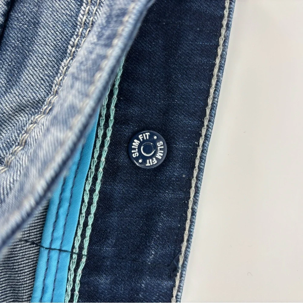 The Fresh Brand JEFF Jeans Mens 34x32 Distressed Straight Blue‎ Denim Camo Lined